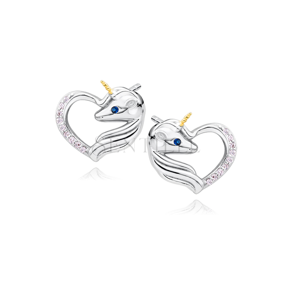 Silver (925) heart earrings - unicorn with light pink zirconias and sapphire eye