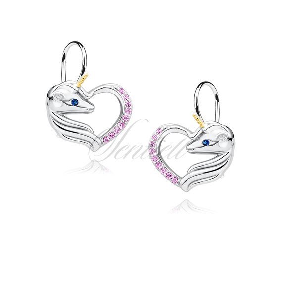 Silver (925) heart earrings - unicorn with pink zirconias and sapphire eye