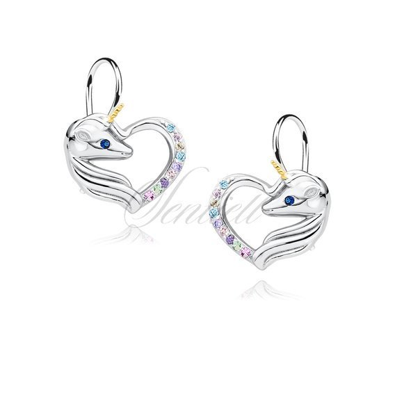 Silver (925) heart earrings - unicorn with various zirconias and sapphire eye