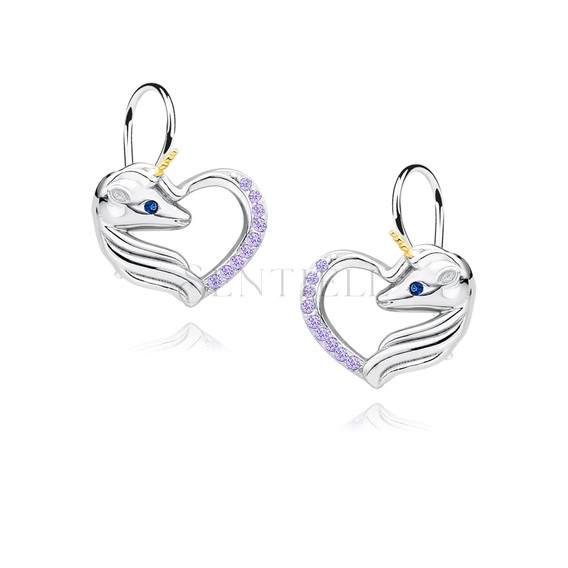 Silver (925) heart earrings - unicorn with violet zirconias and sapphire eye