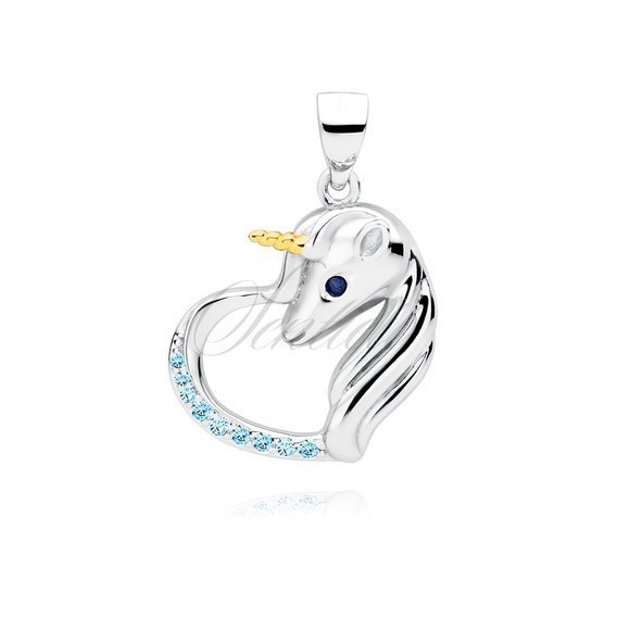 Silver (925) heart pendant - unicorn with aquamarine zirconias and sapphire eye