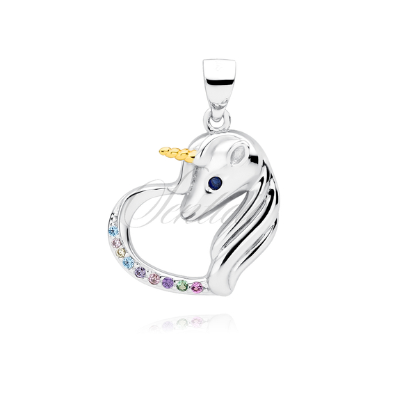 Silver (925) heart pendant - unicorn with various zirconias and sapphire eye