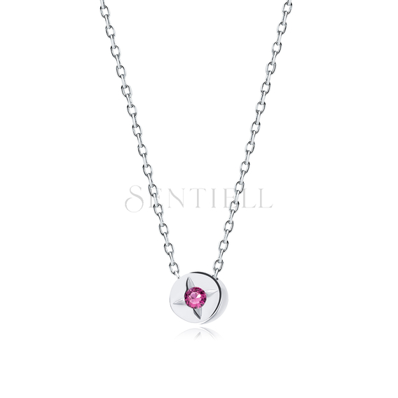 Silver (925) necklace with round ruby colored zirconia pendant