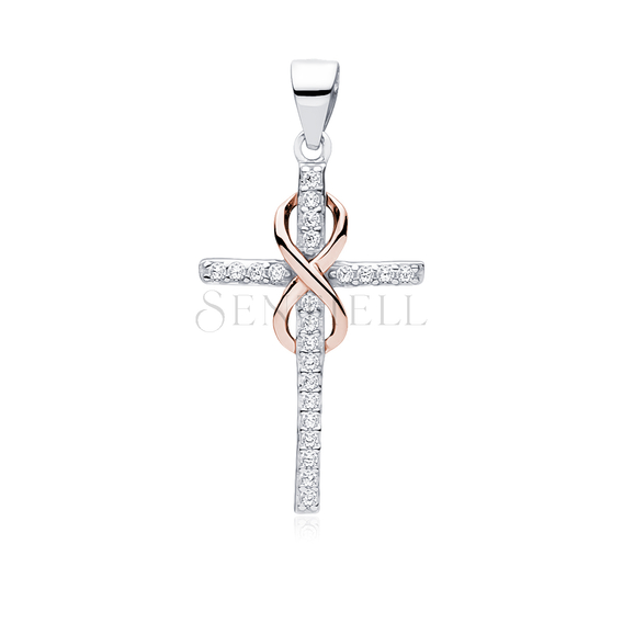 Silver (925) pendant cross with zirconia and rose gold-plated infinity sign