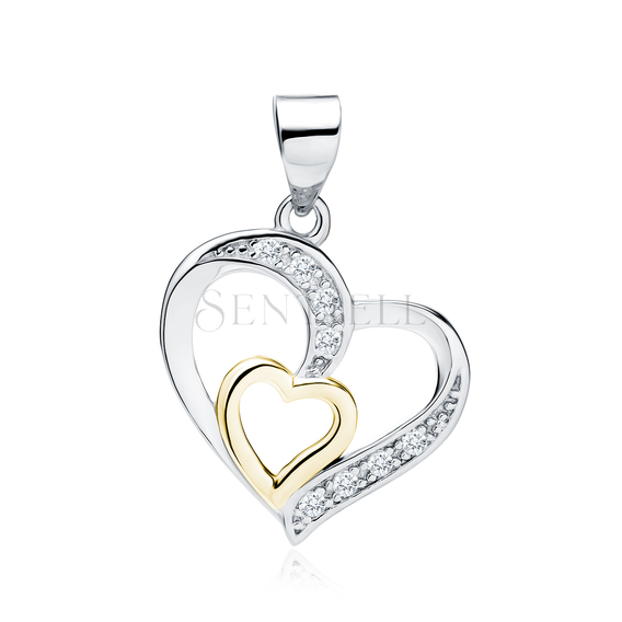 Silver (925) pendant - gold-plated heart in heart with zirconia