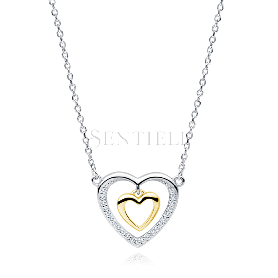 Silver (925) rhodium and gold-plated necklace - double heart with zirconias