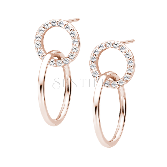 Silver (925) rose gold-plated earrings - circles with white zirconias