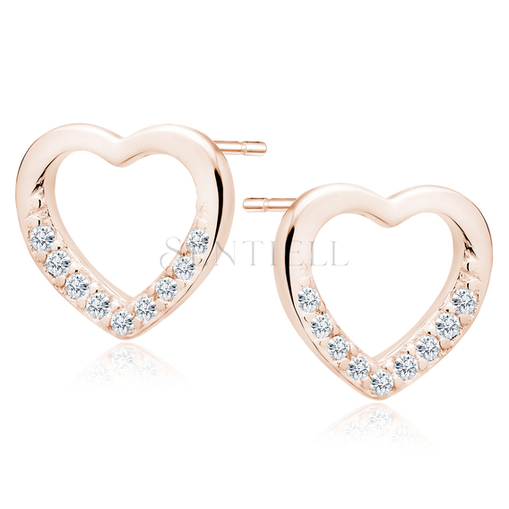 Silver (925) rose gold-plated heart earrings with white zirconias