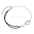 Silver (925) bracelet with black cord - heart with zirconias and pulse